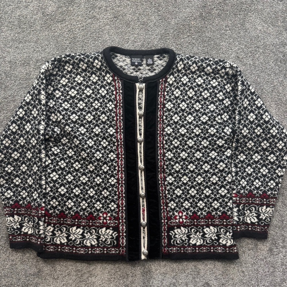 Nordic Design Wool Cardigan Sweater Womens XL Black White Fair Isle Velvet Trim
